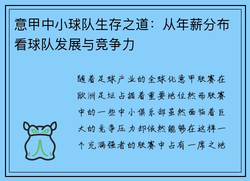 意甲中小球队生存之道：从年薪分布看球队发展与竞争力