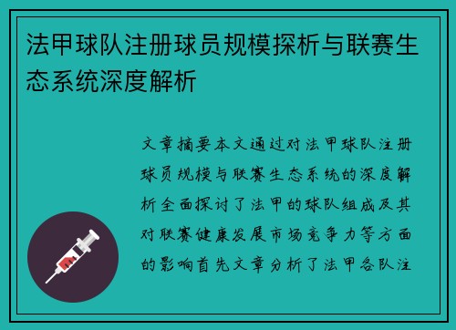 法甲球队注册球员规模探析与联赛生态系统深度解析