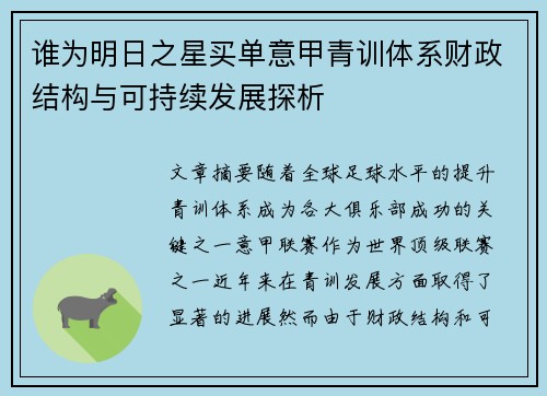 谁为明日之星买单意甲青训体系财政结构与可持续发展探析