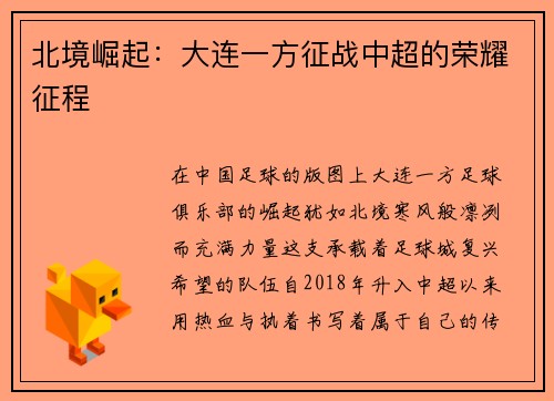北境崛起：大连一方征战中超的荣耀征程